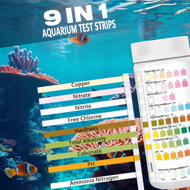 SaySummer Aquarium Test Strips for Fish Tank: 9 in 1 Aquarium Ammonia Test Strips for Fish Tank - 50 Counts Aquarium Water Test Kit Testing Ammonia Nitrogen, Copper, pH and More - Image 2